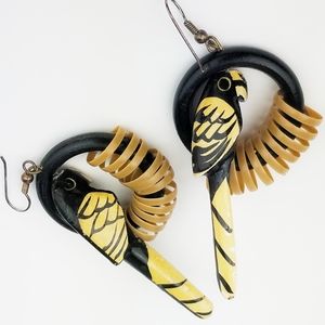 Vintage Parrot Hand Carved Wooden Wood Earrings